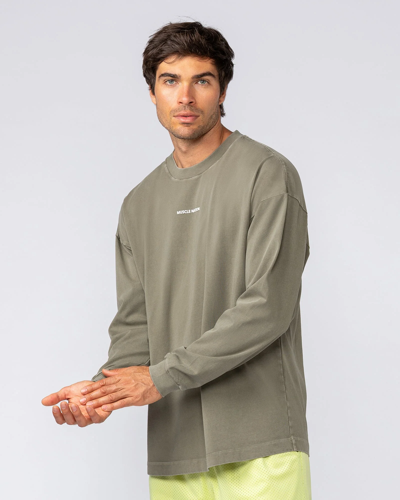 Alpha Oversized Mens Long Sleeve - Washed Dark Khaki - Image 2