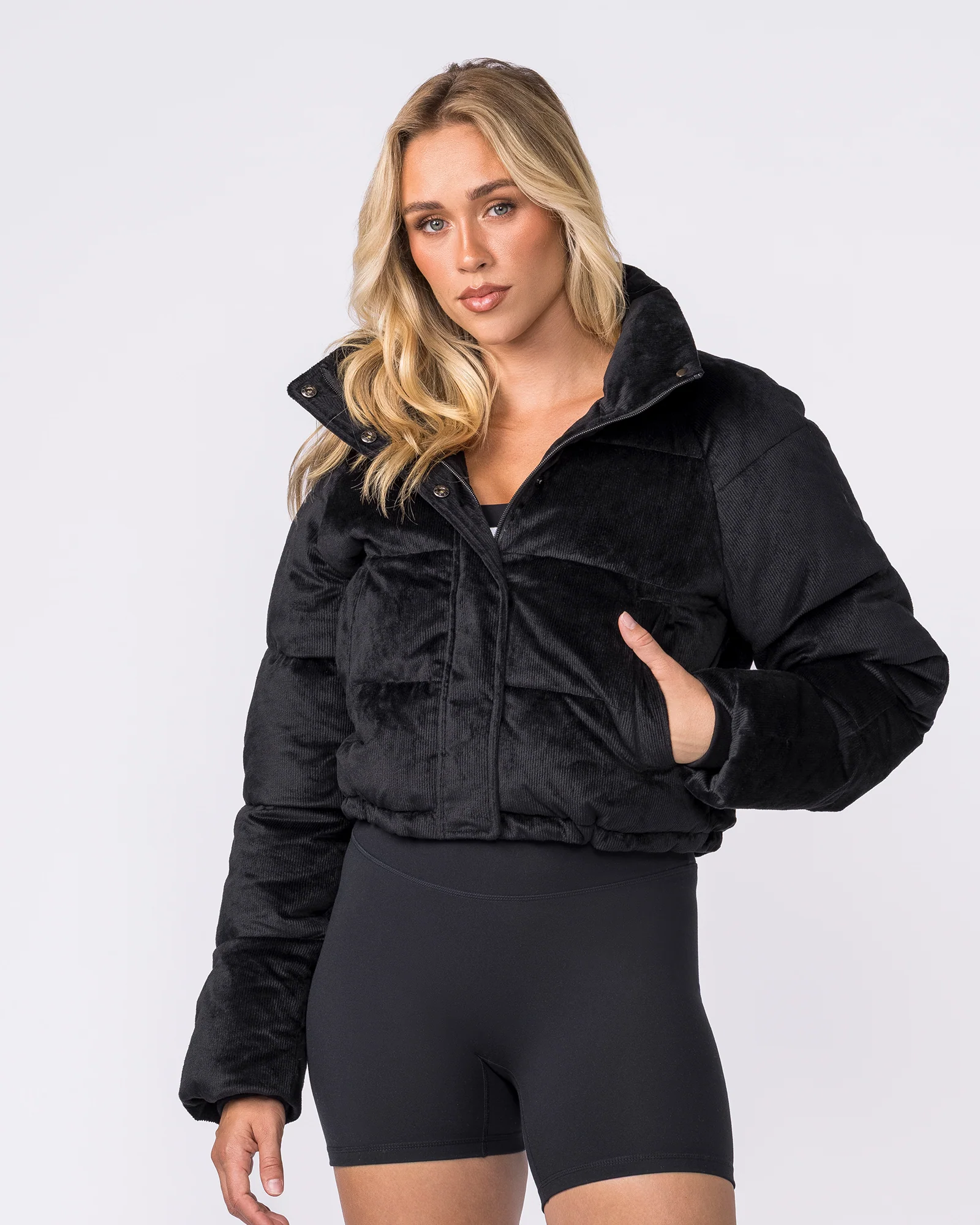 Cord Puffer Jacket - Black - Image 3