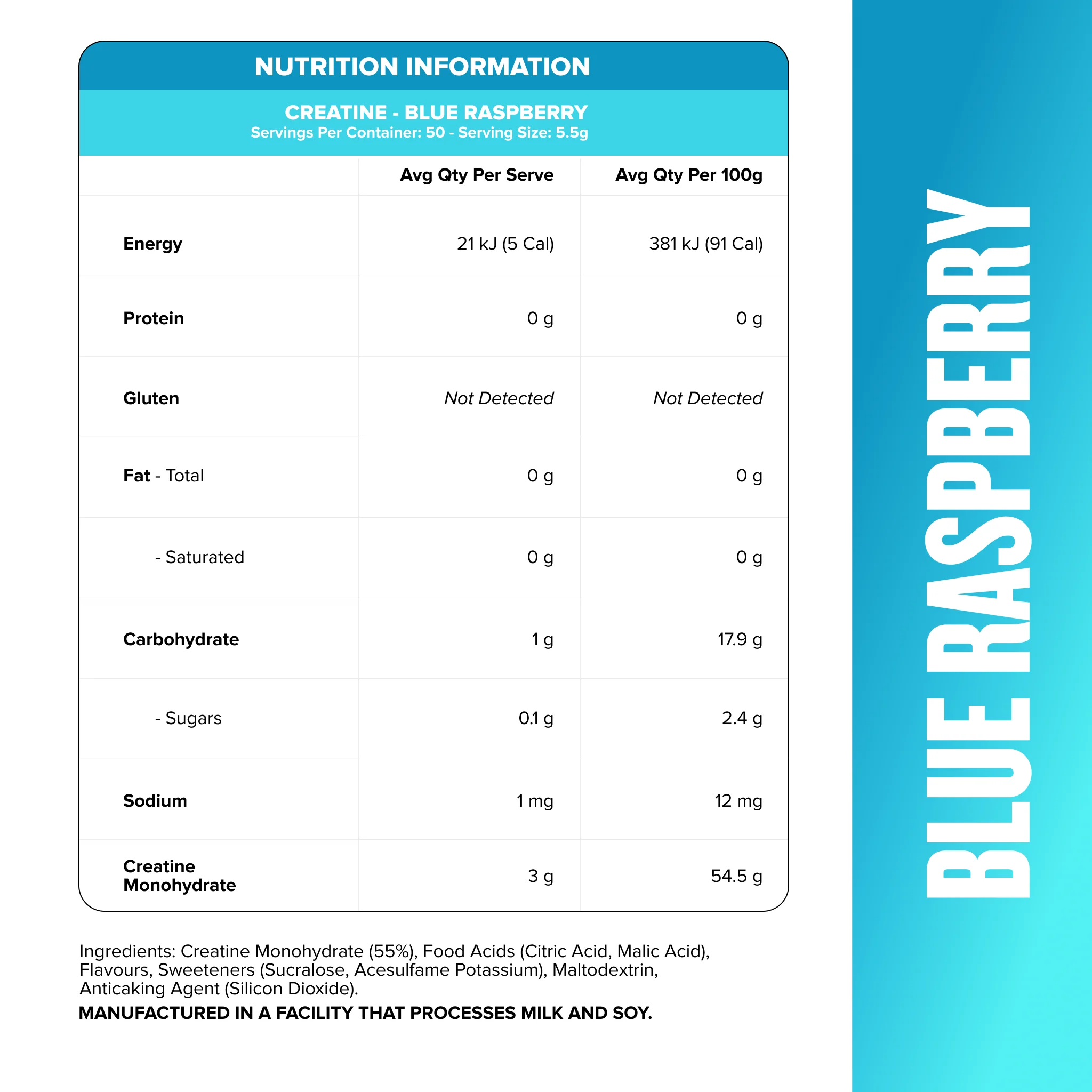 CREATINE MONOHYDRATE - Blue Raspberry - 50 serves - Image 2