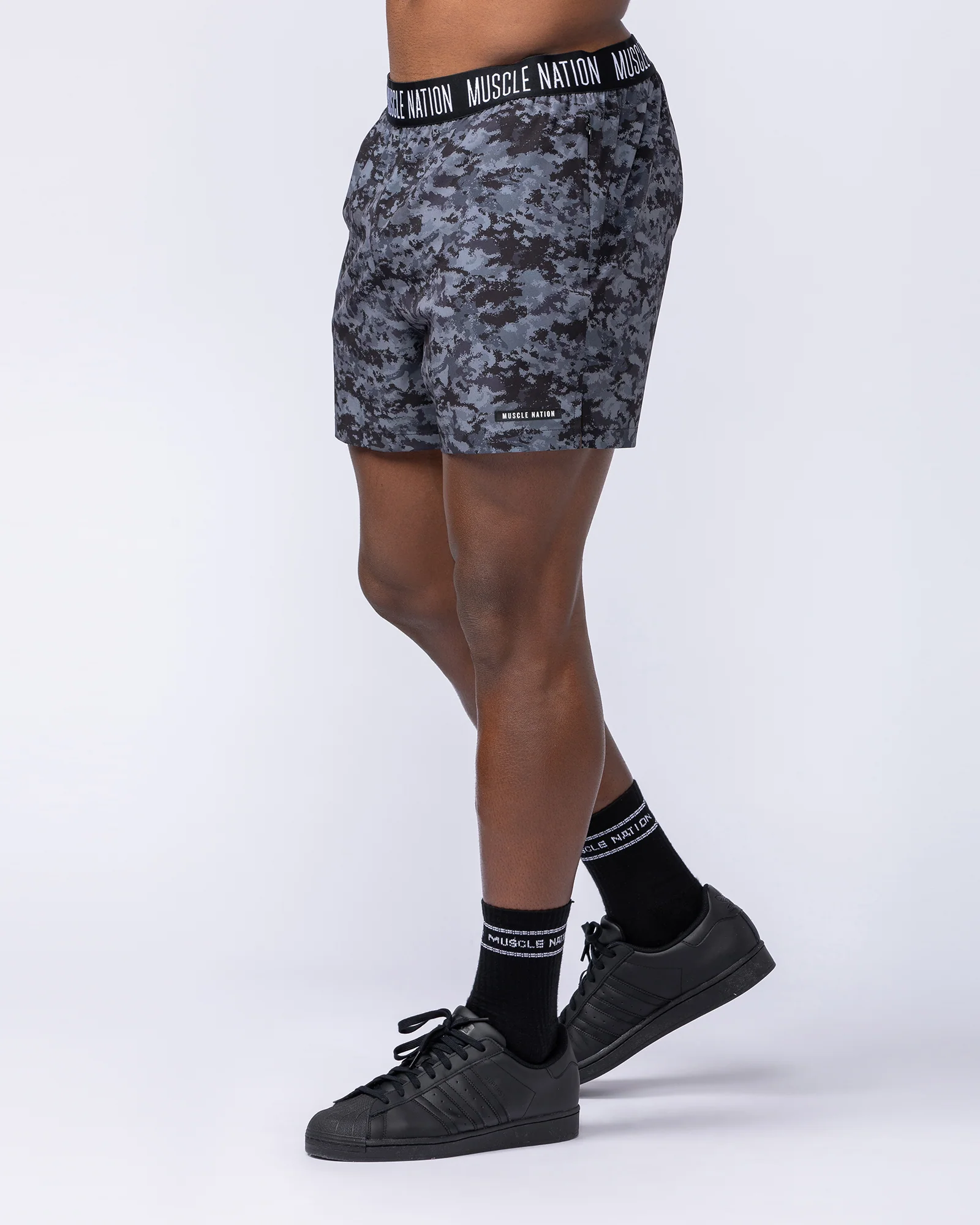 Level Up Training 4" Shorts - Grey/Black Distressed Print - Image 3
