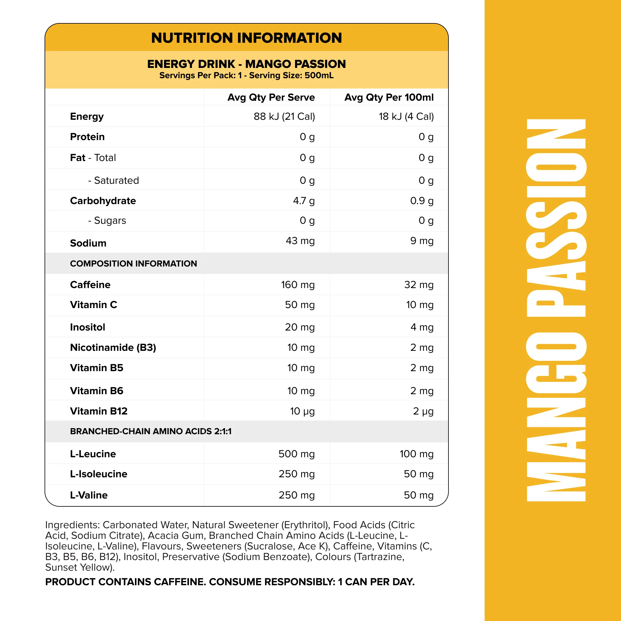 ENERGY DRINK Zero Sugar - Mango Passion 500ml (12 Pack) - Image 2