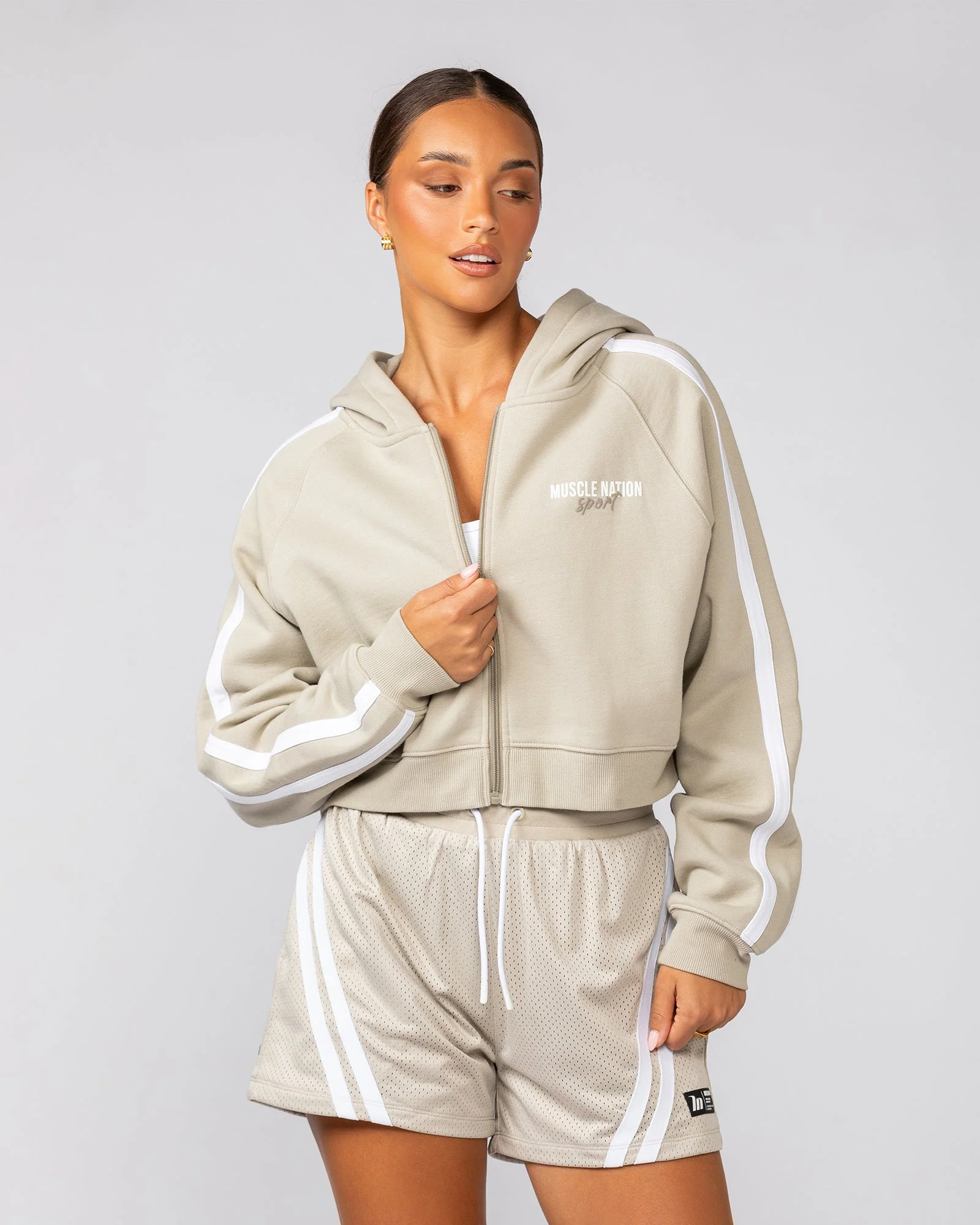 Recoup Cropped Zip Up Hoodie - Stone - Image 2