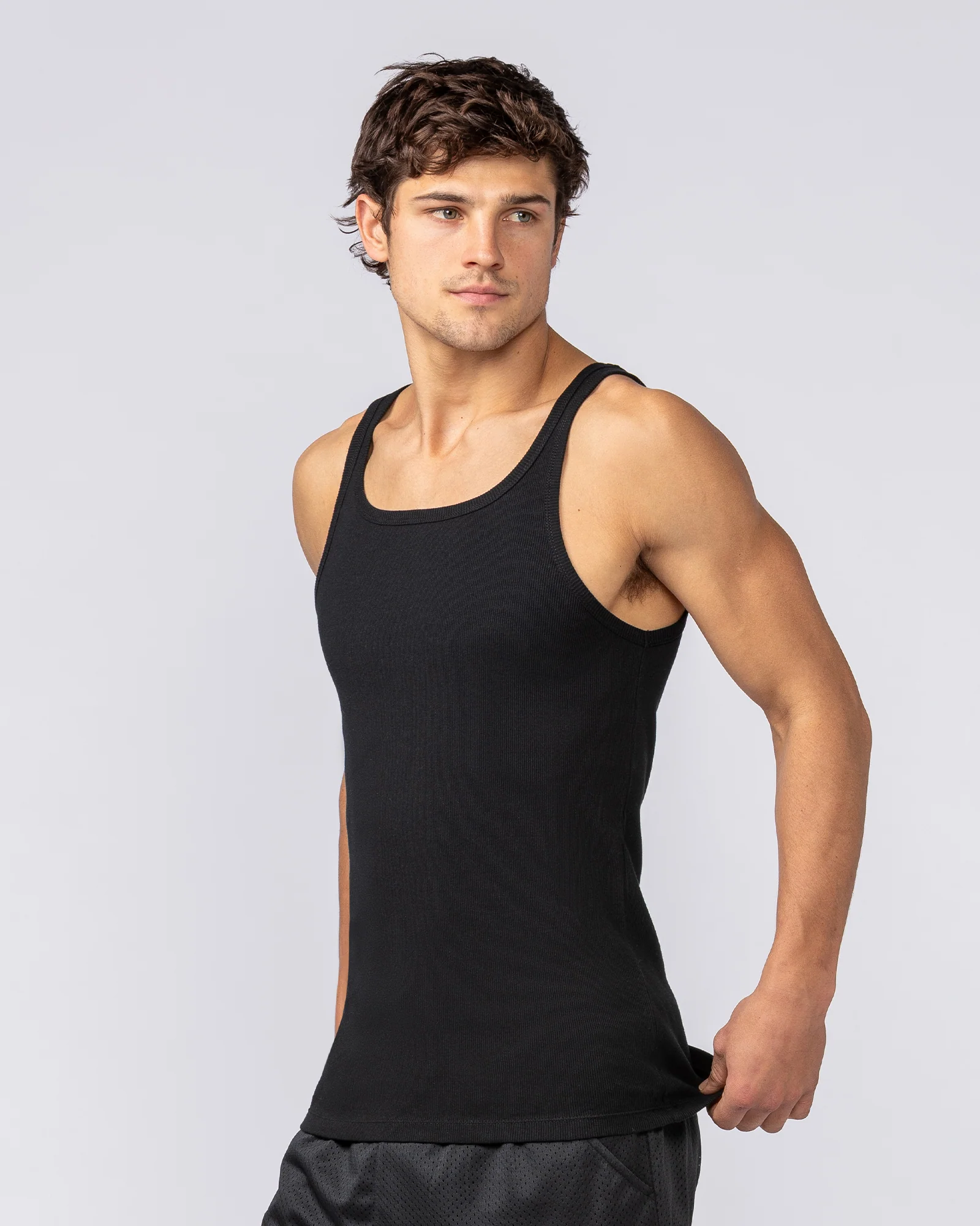 Ribbed Fitted Square Neck Training Tank - Black - Image 3
