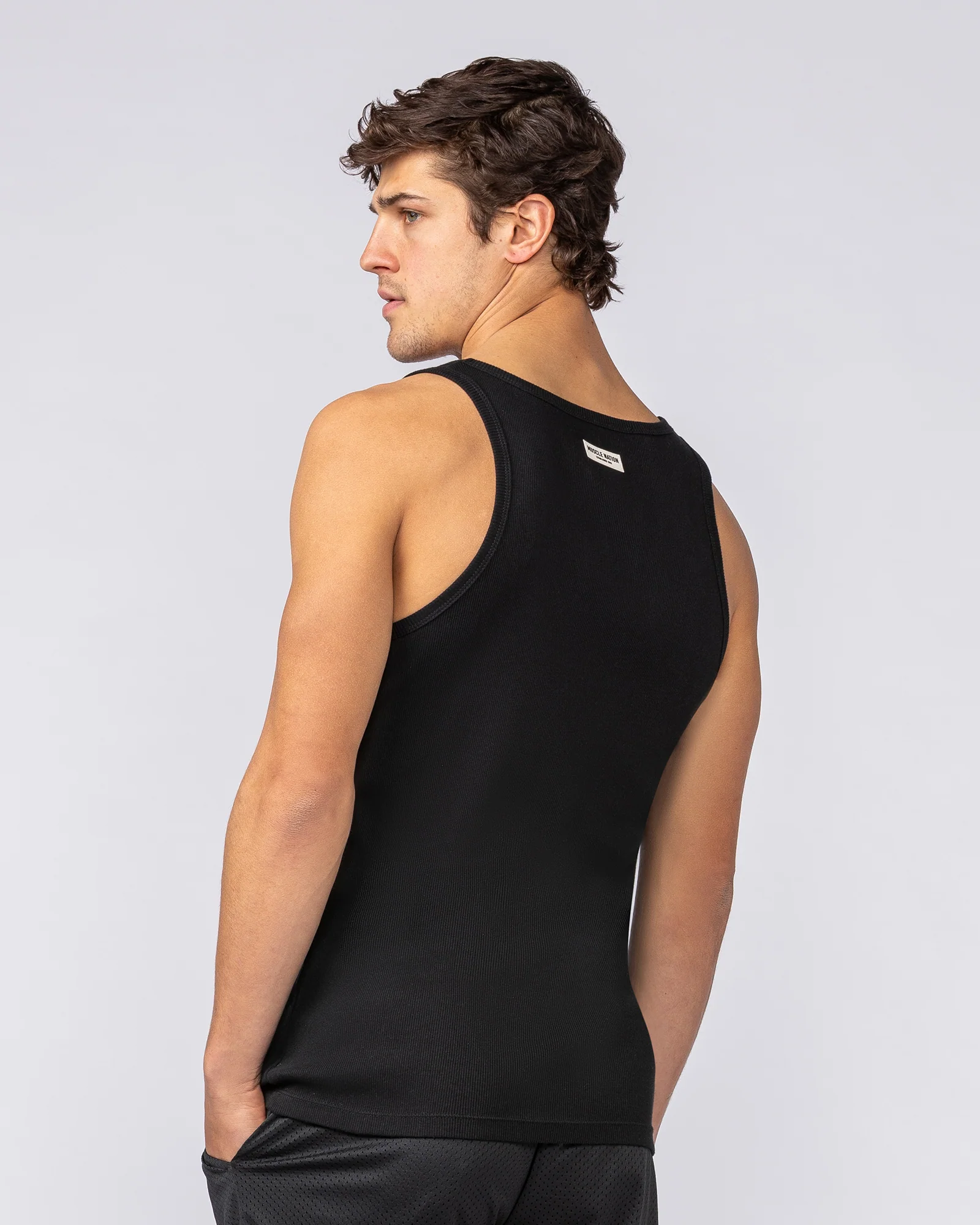 Ribbed Fitted Square Neck Training Tank - Black - Image 4