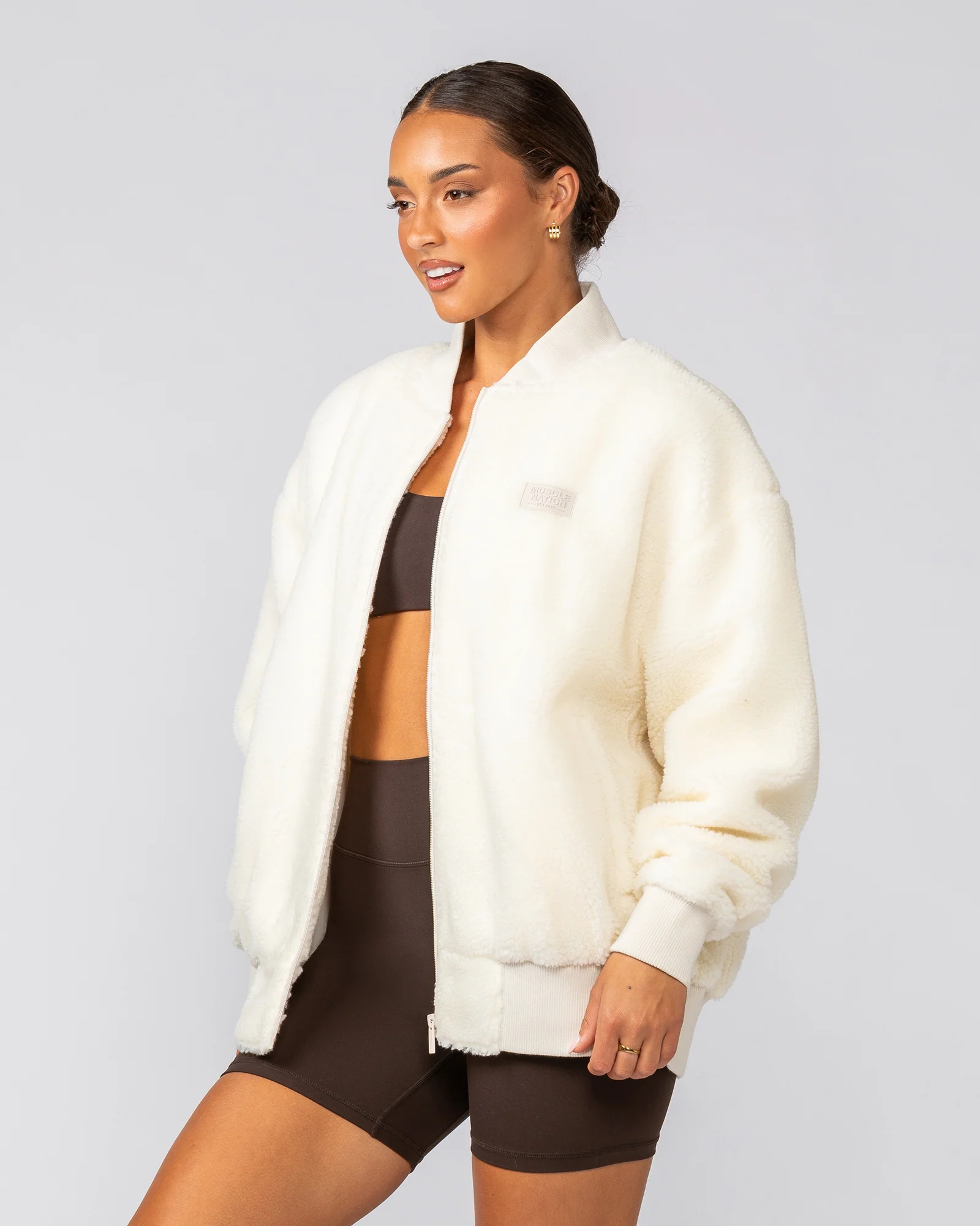 Sherpa Oversized Bomber Jacket - Coconut - Image 5