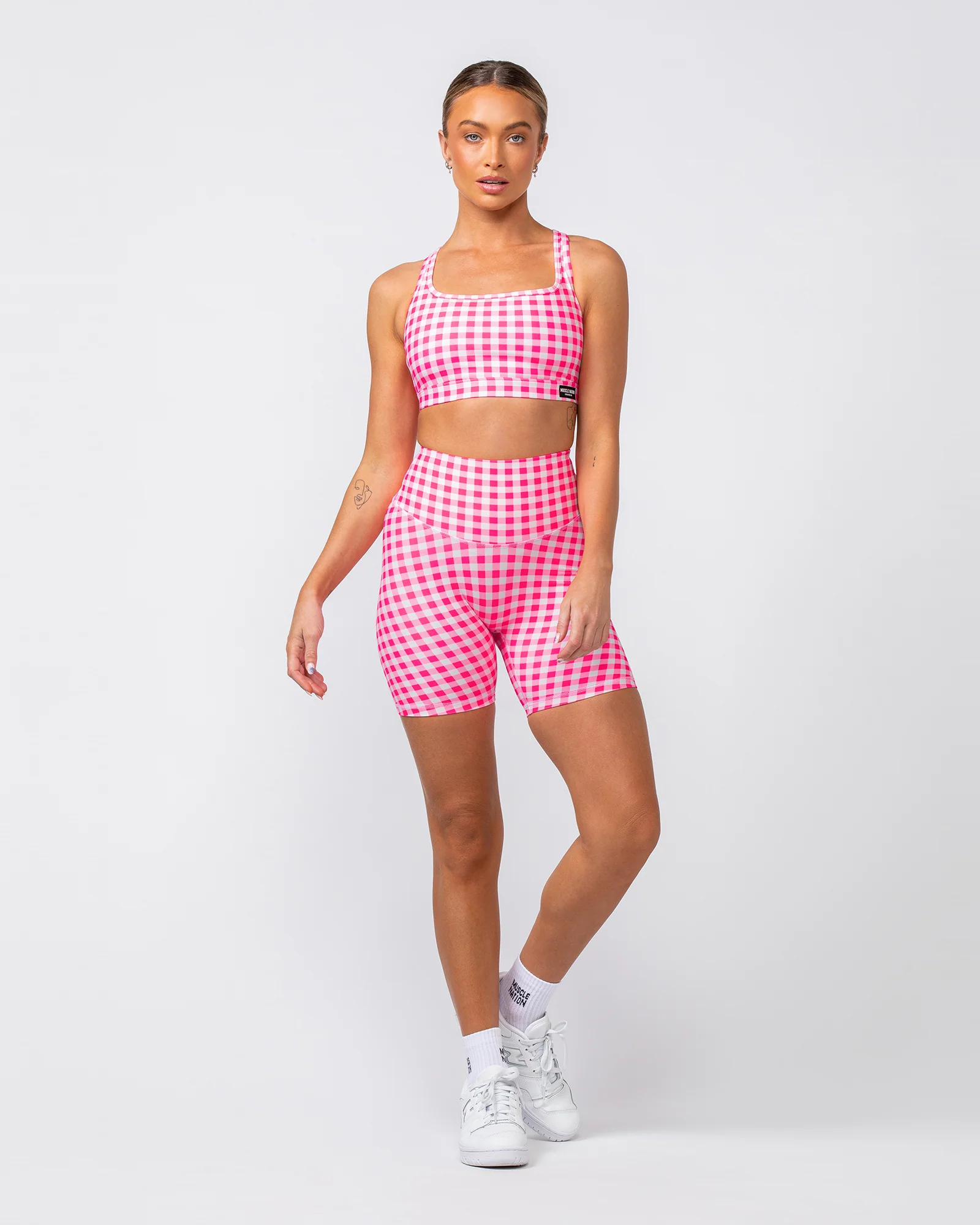 Ultra Aura Bike Shorts - Neon Pink Gingham Print - Image 9